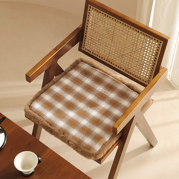 Padded checked chair cushion with faux fur border Kalsten