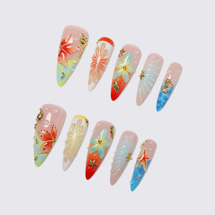 Artistic Floral and Ocean-Themed Press-On Nail Art Set kalsten