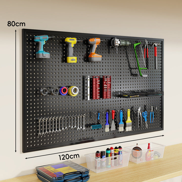 Wall-Mounted Perforated Metal Tool Pegboard Organizer Panel with Modular Hooks and Wire Baskets