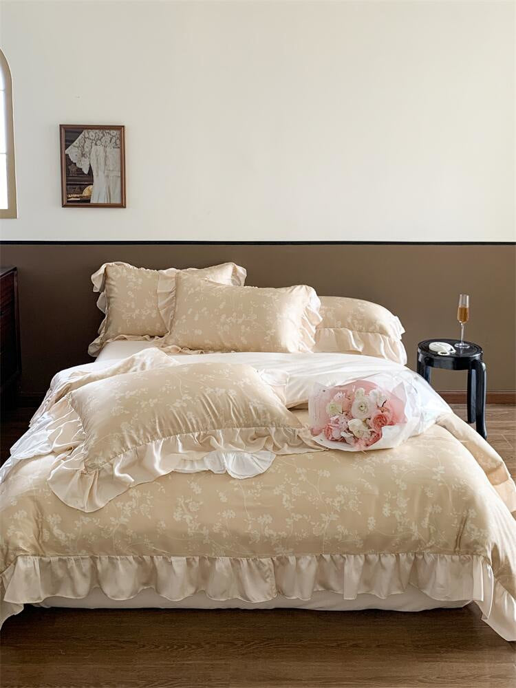 Romantic ruffled bed set made of cotton percale with floral jacquard print