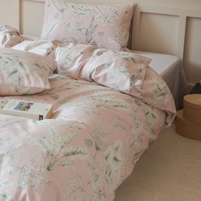 Cotton percale bedding set with botanical sketch print and concealed hotel closure