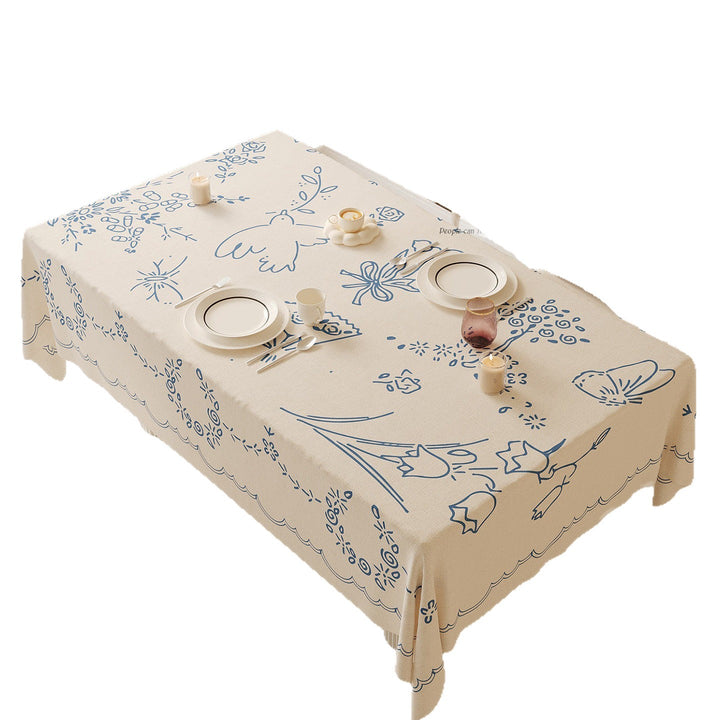 Printed Linen-Blend Rectangular Tablecloth with Botanical Line-Art and Scalloped Border