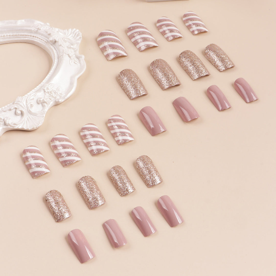 Glamorous Glitter and Striped Press-On Nail Art Kalsten