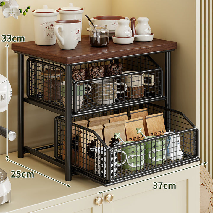 Countertop Wooden Top Metal Storage Rack with Sliding Wire Basket