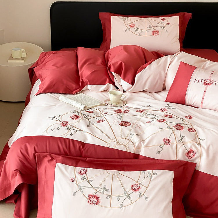 Luxurious embroidered bedding set made of cotton satin with rose motif