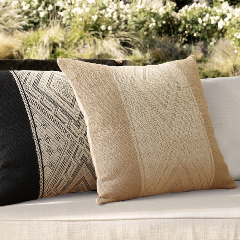 Square woven decorative cushion cover with central ethnic jacquard stripe and textured cotton blend