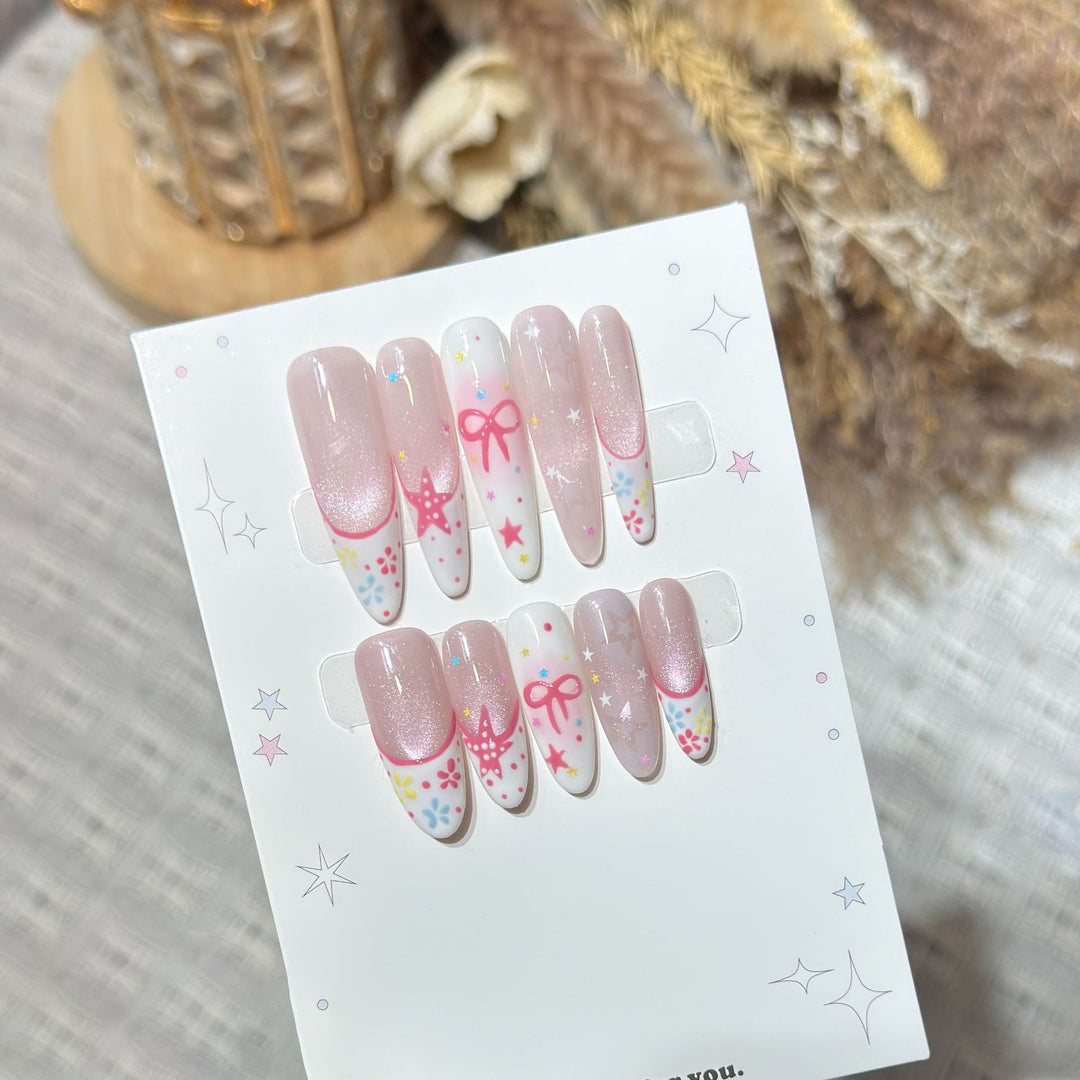Artistic Press-On Nail Art Set with Charming Star and Bow Designs Kalsten