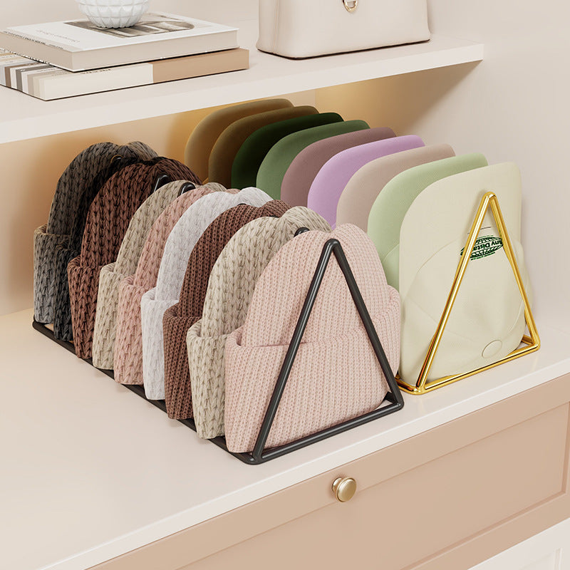 Triangular Gold Metal Multi-Slot Beanie and Knit Hat Organizer Rack