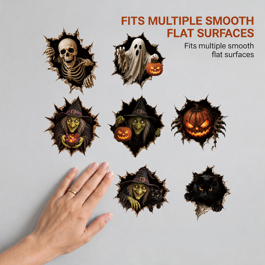 Realistic 3D wall sticker Halloween witch with breaking wall and candy