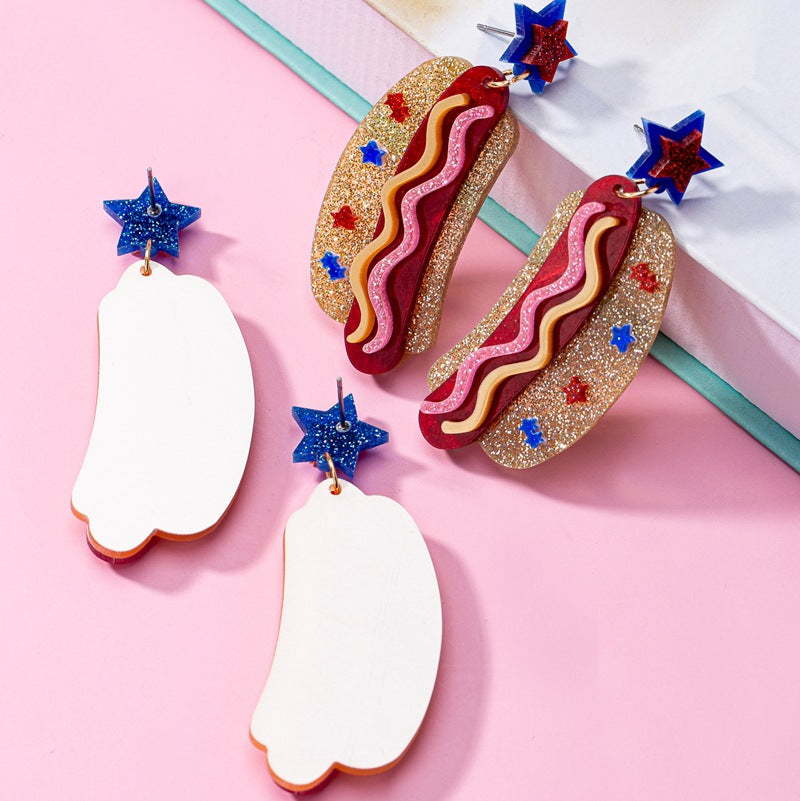 Women's original statement earrings in hotdog design with star stud and layered acrylic mix Kalsten