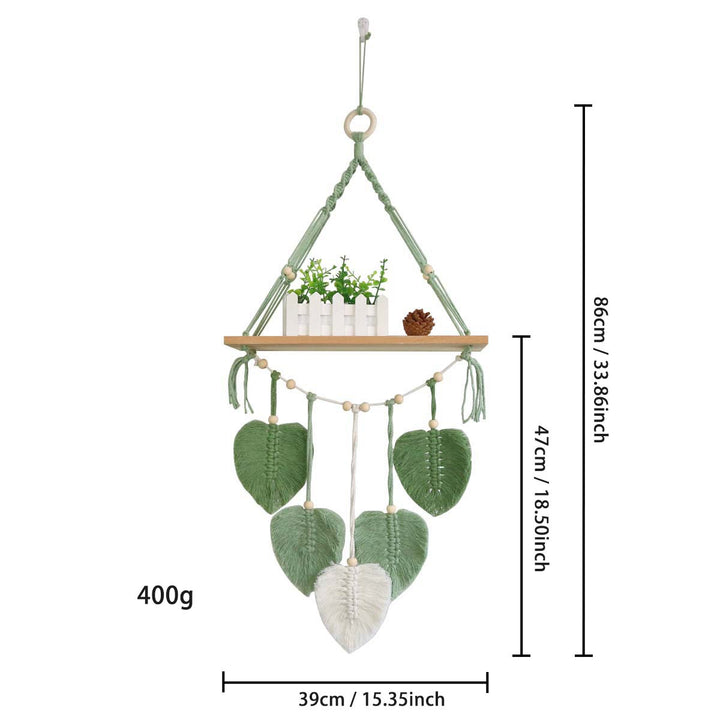 Macramé plant shelf with artistic leaf design