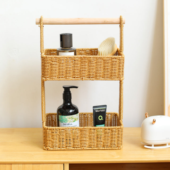 Unisex Two-Tier Storage Basket with Wooden Handle Kalsten