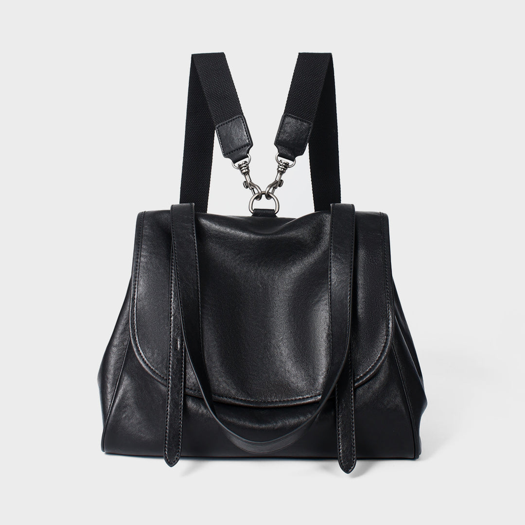 Convertible Smooth Leather Flap Tote Backpack with Detachable Webbing Straps