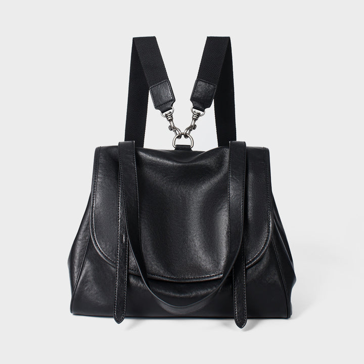 Convertible Smooth Leather Flap Tote Backpack with Detachable Webbing Straps
