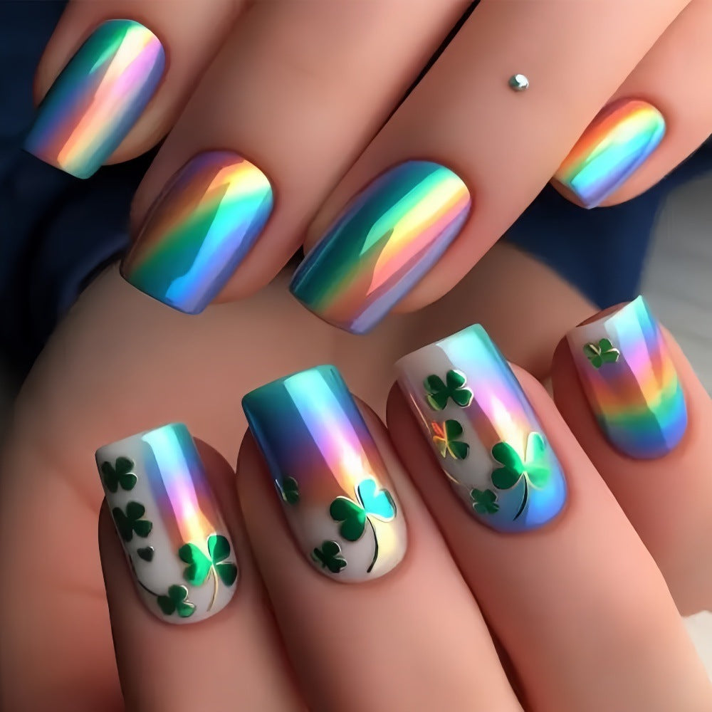 Artificial nails with colorful rainbow and clover leaf designs Kalsten