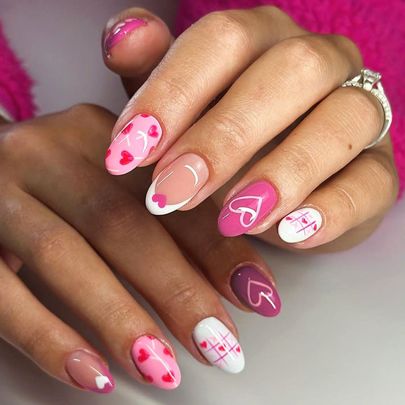 Acrylic nail set with romantic heart motif and creative patterns Kalsten