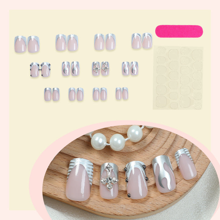 Decorative Press-On Nail Art Set with Stylish Marble and Gem Accents kalsten