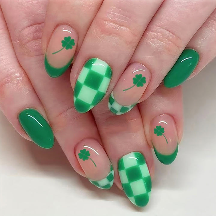 Themed Checkered Clover Press-On Nail Art