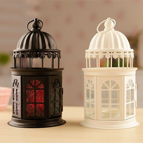Ornamental Gothic Dome Lantern with Colored Glass Panels and Tealight Holder Kalsten