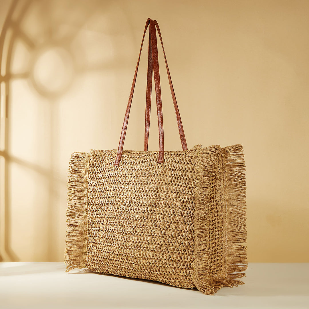 Large Woven Beach Bag with Fringes and Leather Handles Kalsten