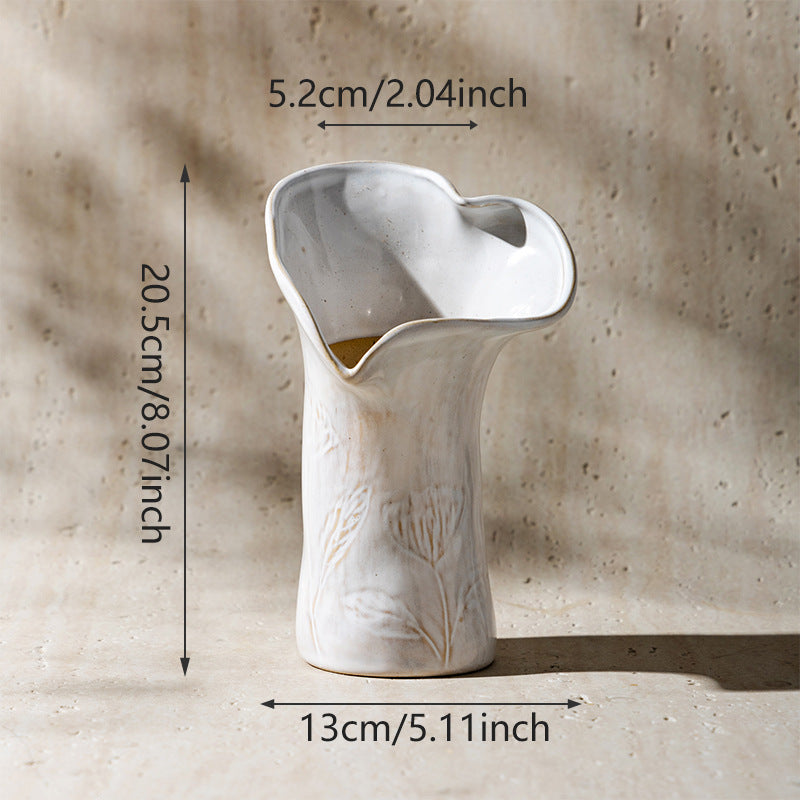 Sculptural Ceramic Asymmetrical Pleated Flower Vase with Pressed Wheat Motif