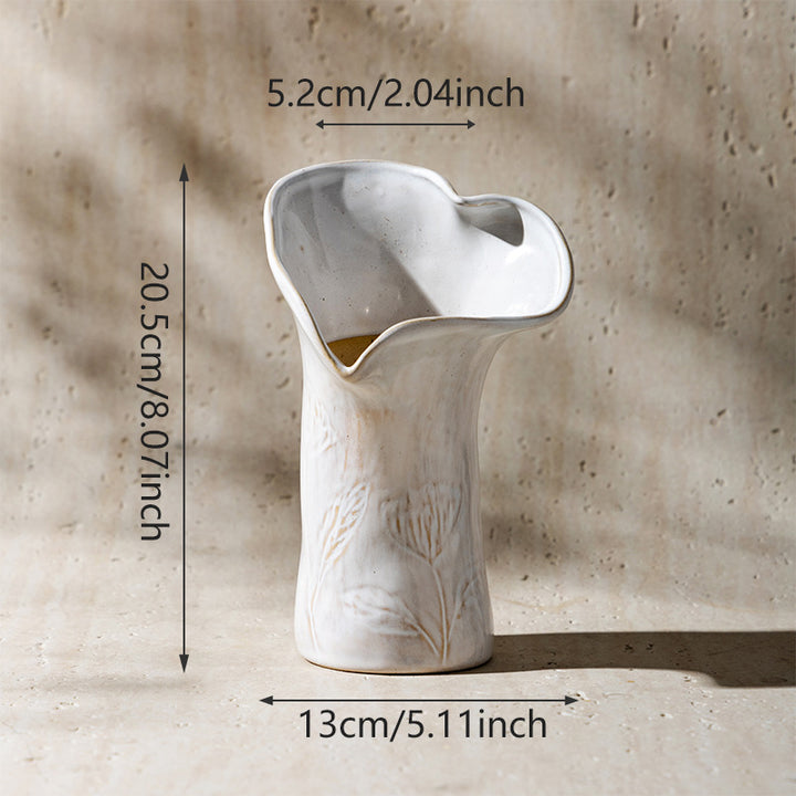 Sculptural Ceramic Asymmetrical Pleated Flower Vase with Pressed Wheat Motif