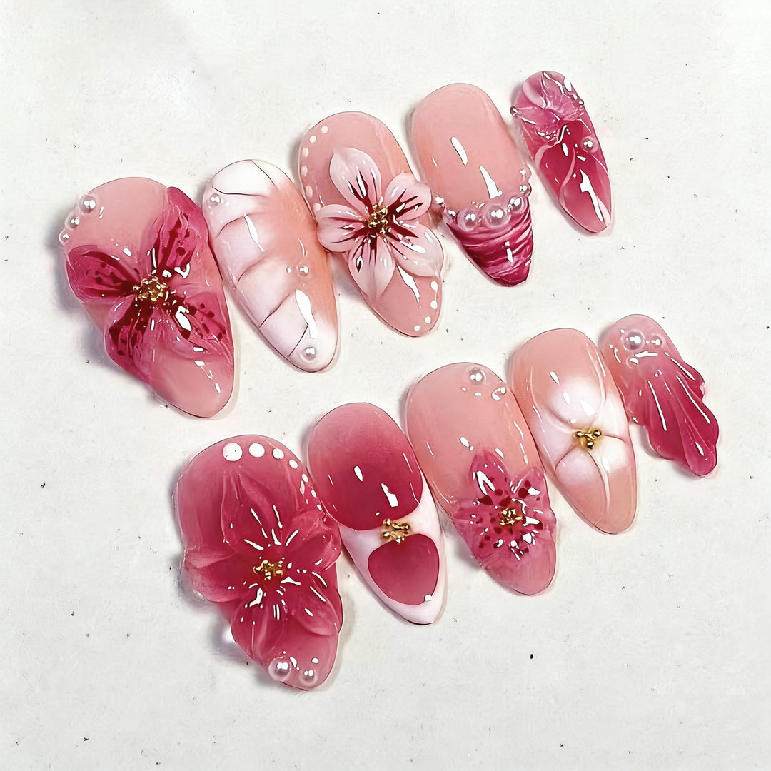 Artificial nail set with floral designs and 3D decorations Kalsten