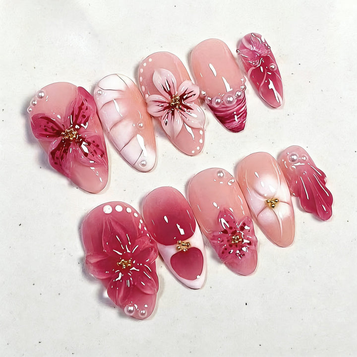 Artificial nail set with floral designs and 3D decorations Kalsten