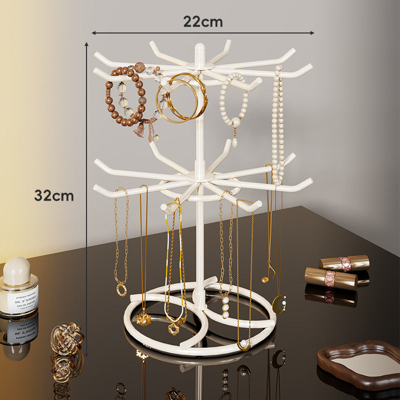 Tiered Rotating Jewelry Organizer Tree Stand with Multi-Arm Hooks and Ring Dish