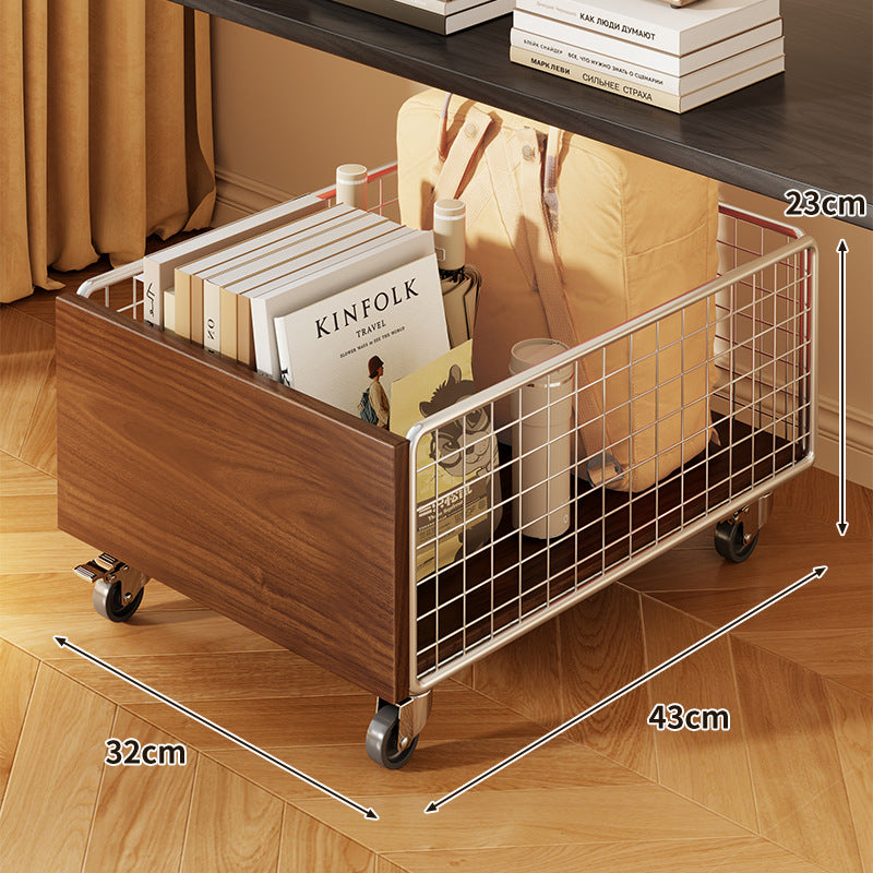 Mobile Wire Mesh Storage Crate with Walnut-Style Wooden Side and Locking Swivel Wheels