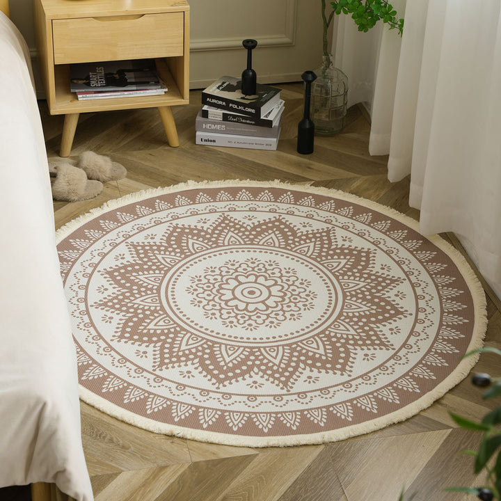 Round woven rug with mandala motif, flat cotton-jute mix and fringes Kalsten