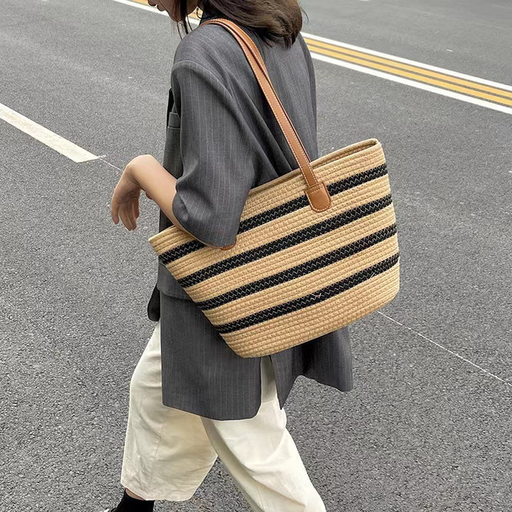 Elegant Tote Bag Made of Woven Bast Material with Robust Leather Accents Kalsten