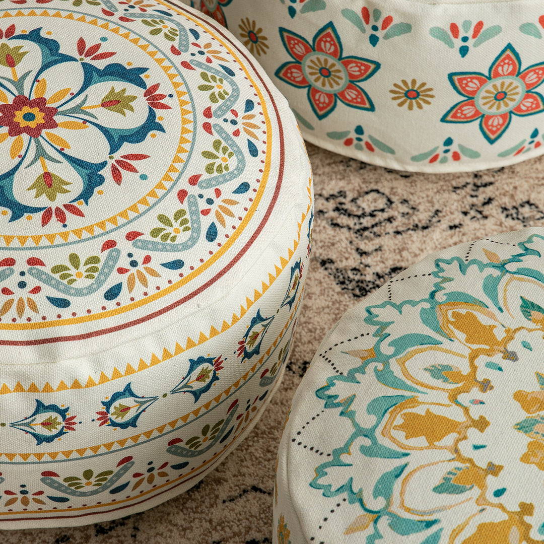 Round seat pouf with woven cotton cover and ethnic mandala print Kalsten