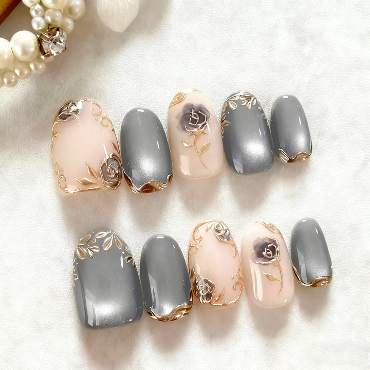 Artificial Nail Set with Elegant Rose Design and Gold Accents Kalsten