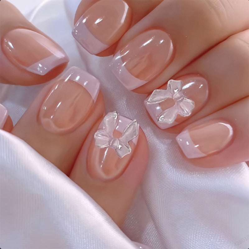 Artificial Nail Set with Romantic Bows and French Tip Kalsten