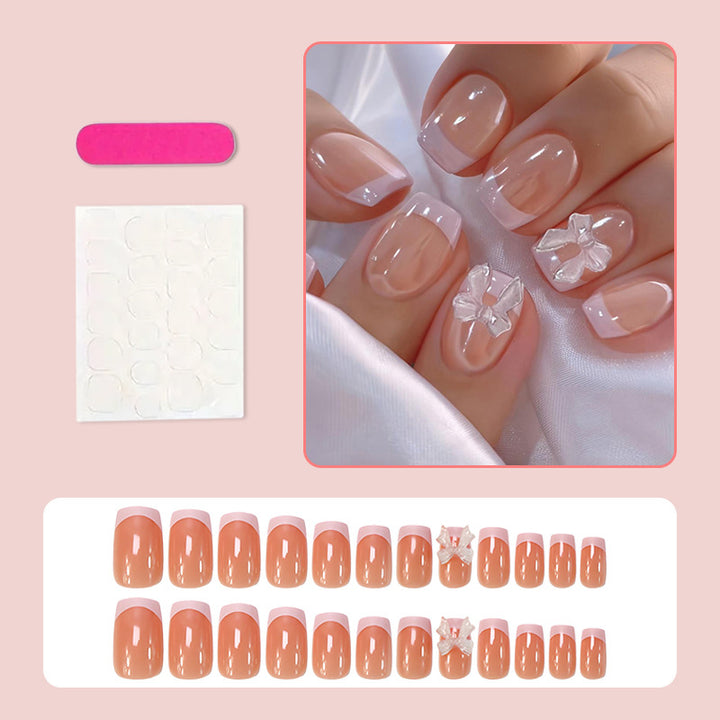 Artificial Nail Set with Romantic Bows and French Tip Kalsten