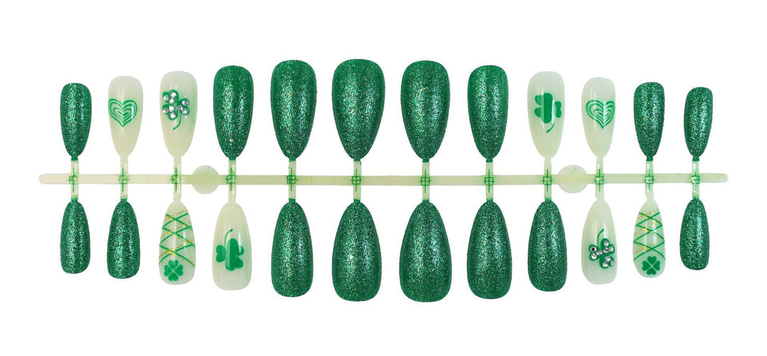 Artificial nail set with festive glitter and clover motifs Kalsten