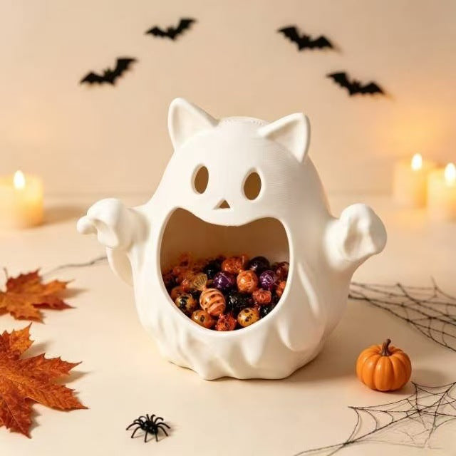 Ceramic tealight holder cat spirit with open basin and decorative design