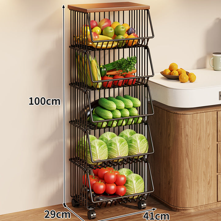 Compact Triple-Tier Rolling Wire Vegetable and Fruit Storage Cart with Wooden Top
