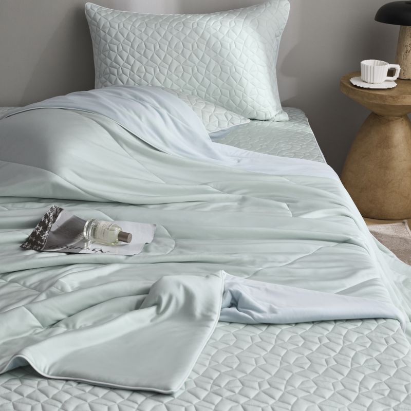 Quilted bedding set with reversible satin blanket and mattress protector