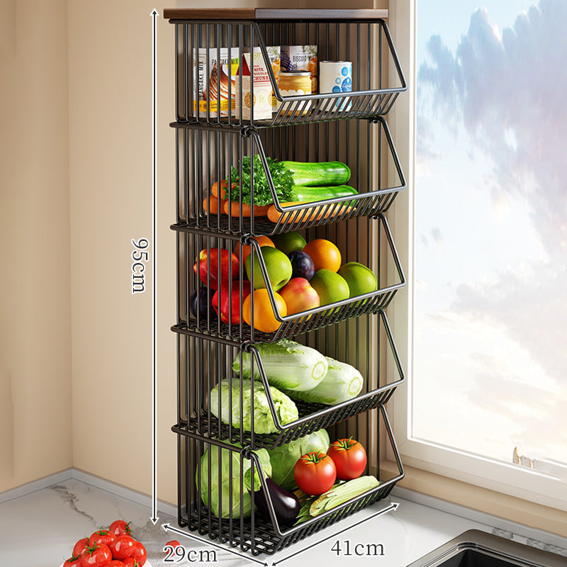 Countertop Wooden Top Metal Wire Fruit and Vegetable Storage Rack