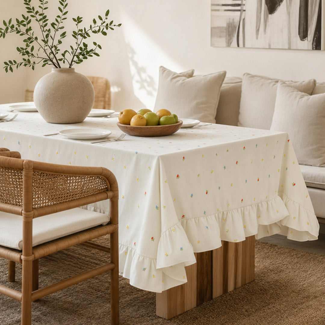 Tablecloth with embroidered mini flower pattern and ruffled edge Kalsten
