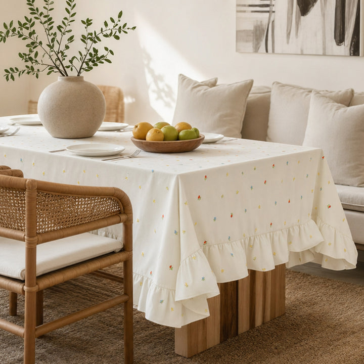 Tablecloth with embroidered mini flower pattern and ruffled edge Kalsten
