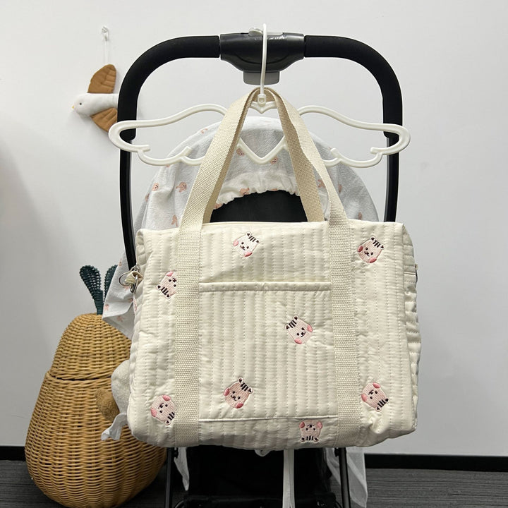 Quilted Baby Diaper Backpack Bag with Embroidered Plush Bear Accents