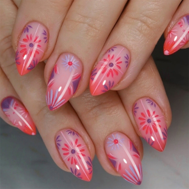 Artistic Press-On Nail Set with Floral and Geometric Patterns kalsten