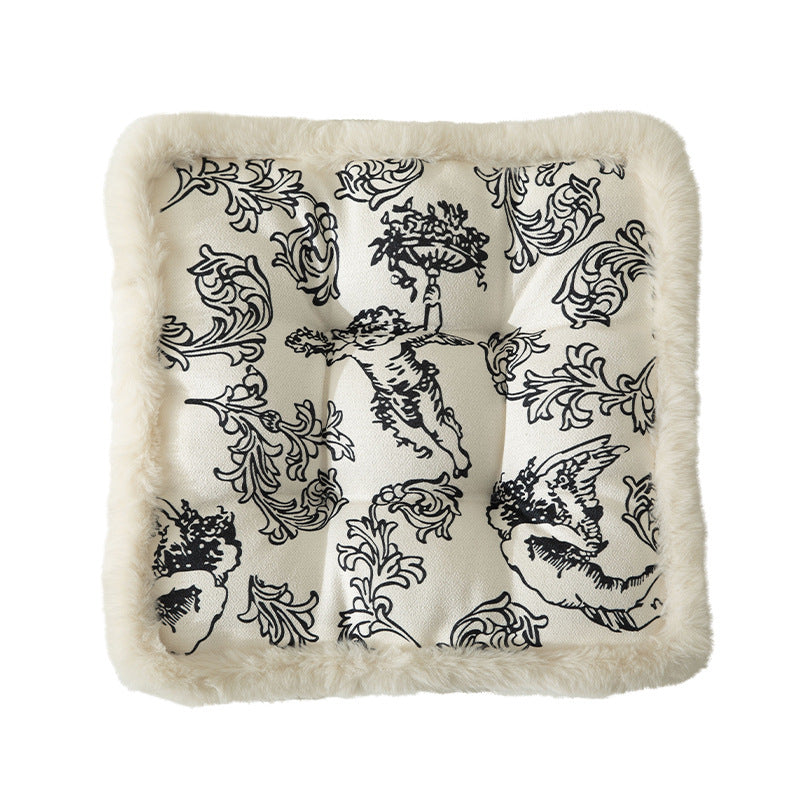Decorative square seat cushion with baroque angel print and faux fur trim Kalsten