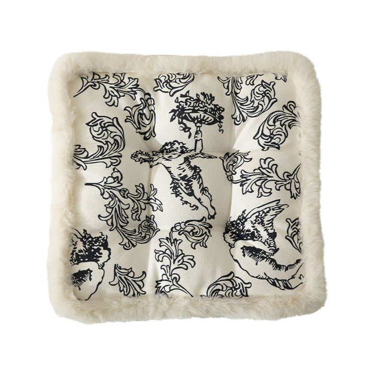 Decorative square seat cushion with baroque angel print and faux fur trim Kalsten