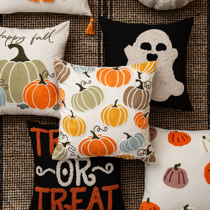 Embroidered decorative pillow cover with ghost tufting and hidden zipper