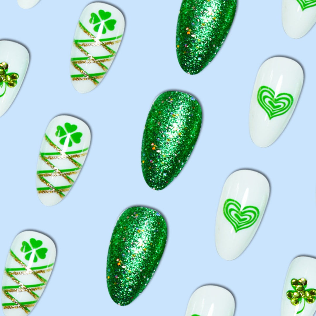 Glamorous Stiletto Press-On Nail Art with Glitter and Shamrock Design Kalsten