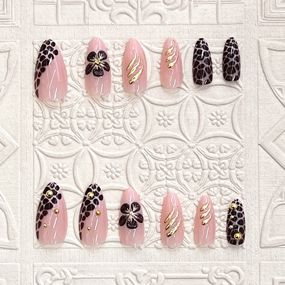 Artistic Press-On Nail Set with Floral and Leopard Accent Kalsten